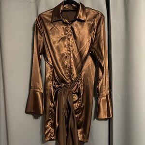 Satin Bronze Button-Up Dress